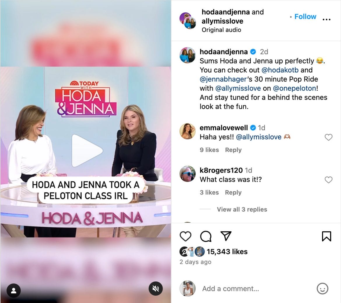 Hoda & Jenna's Instagram post about Peloton class.